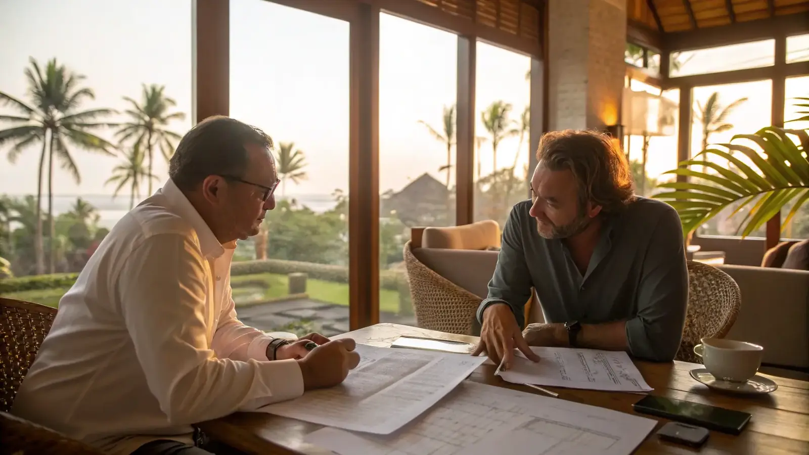 An adviser and a client going through paperwork at an open-air table above the palms.