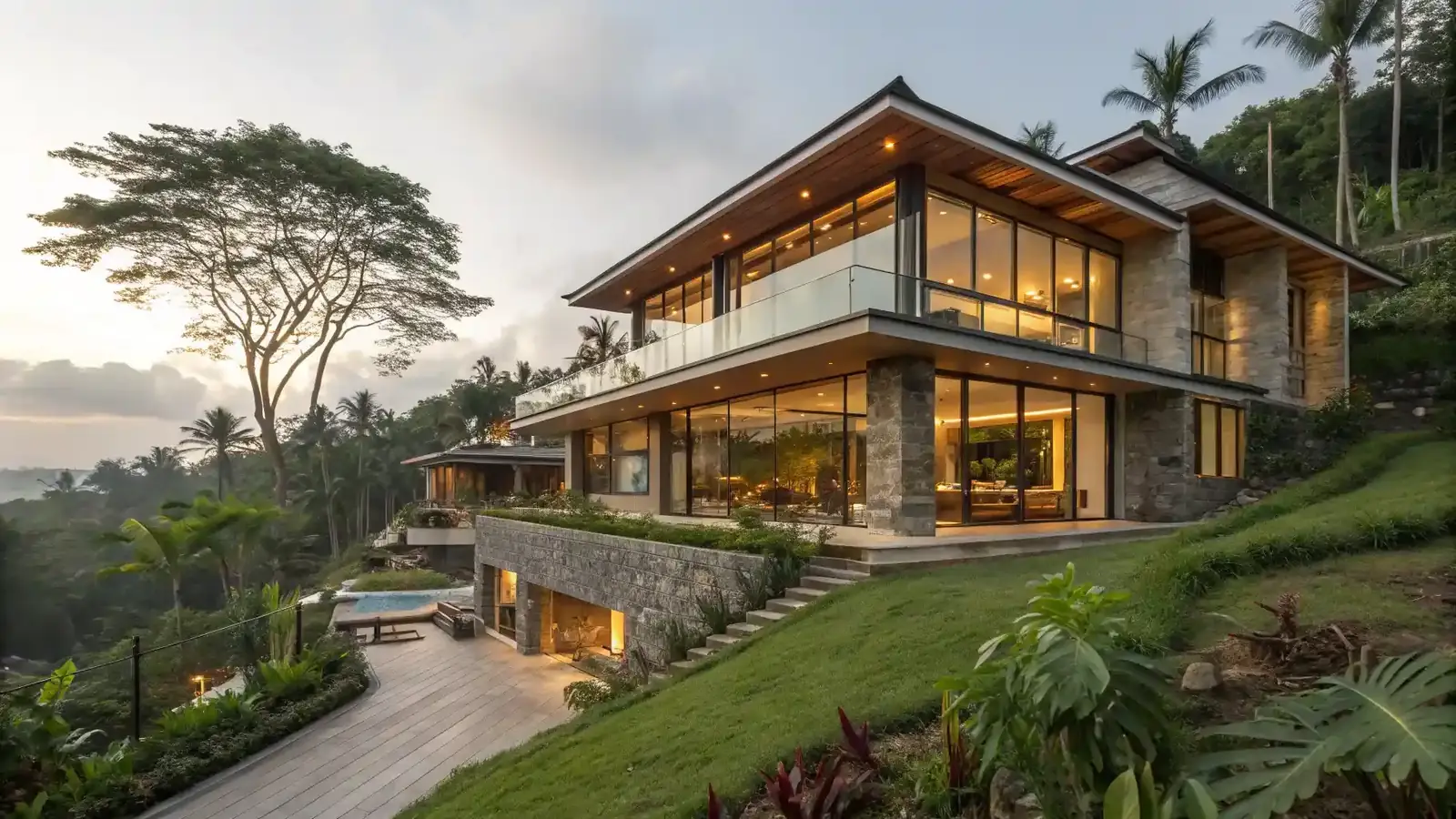 A modern hillside villa lit at dusk above the jungle.