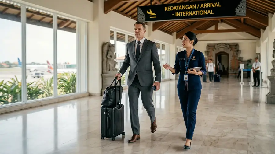 Two business travellers walking through an airport arrivals hall with luggage.