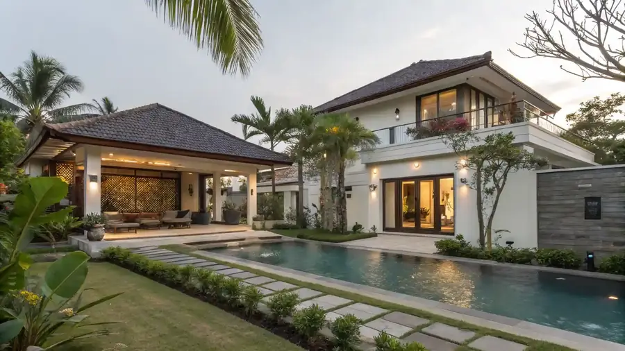 A modern Bali villa with a pool and an open living pavilion.