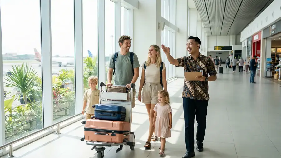 A family arriving at an airport terminal with luggage and a child.
