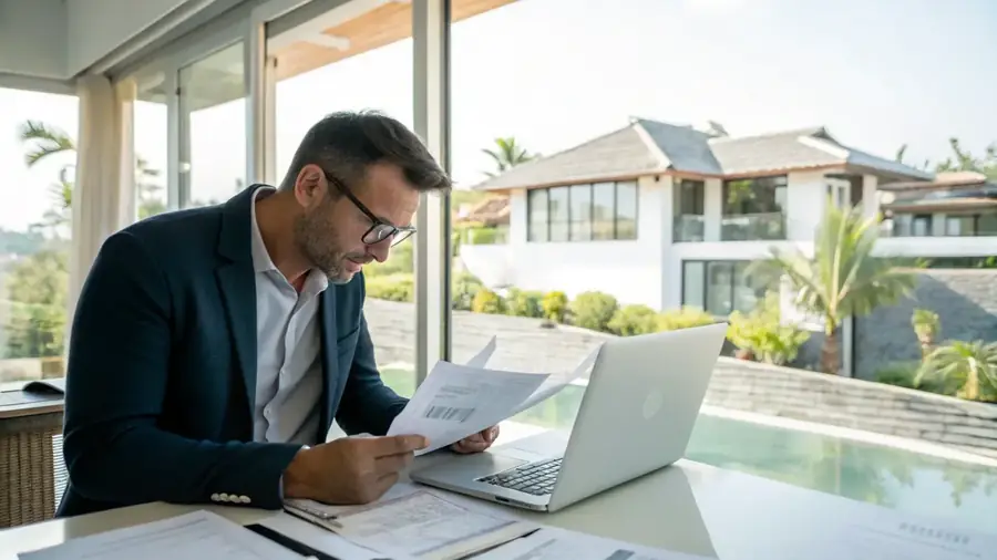 A man working through documents on a laptop at a desk overlooking a villa garden.