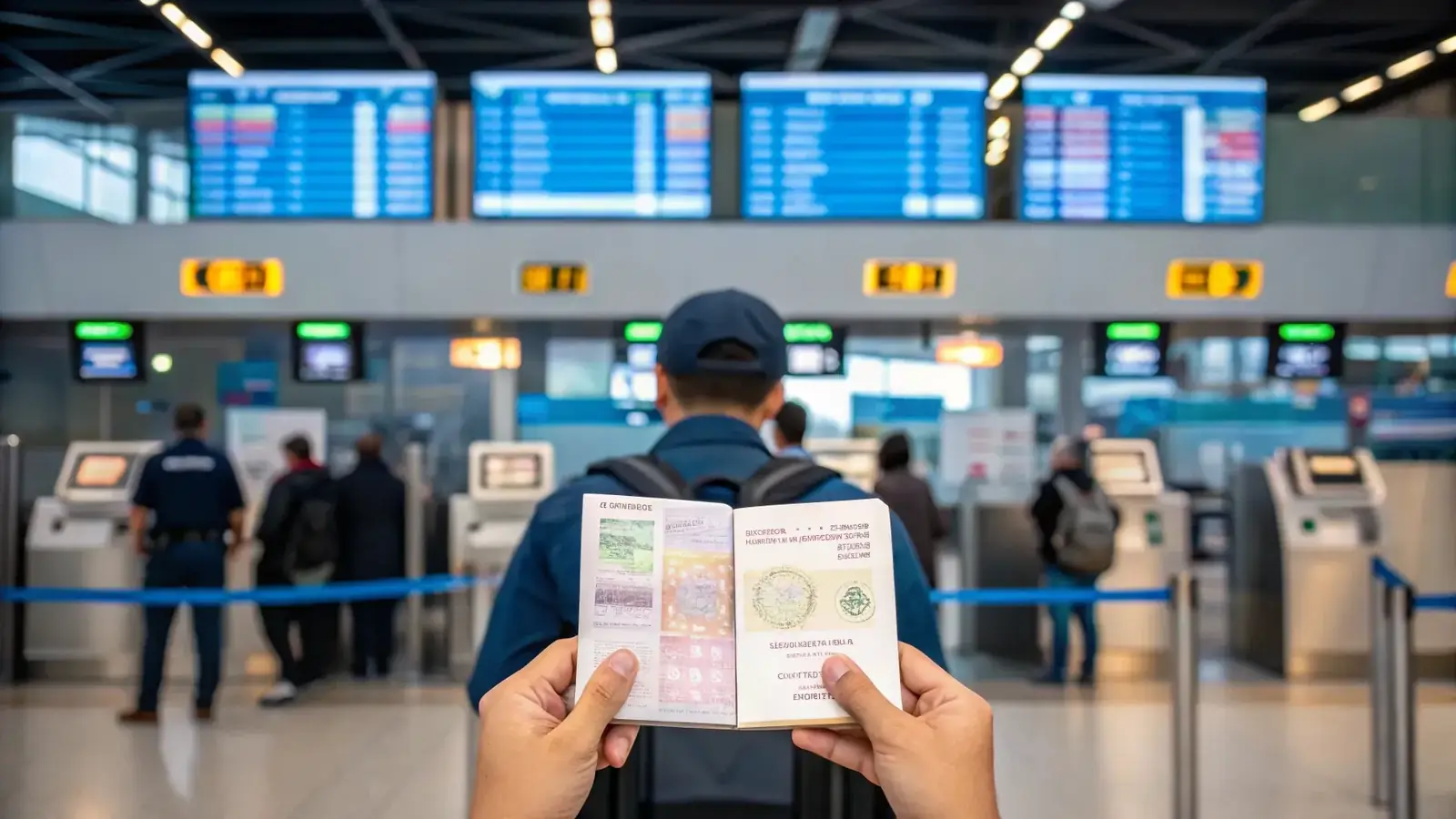 Hands holding an open passport in front of the immigration counters at the airport.