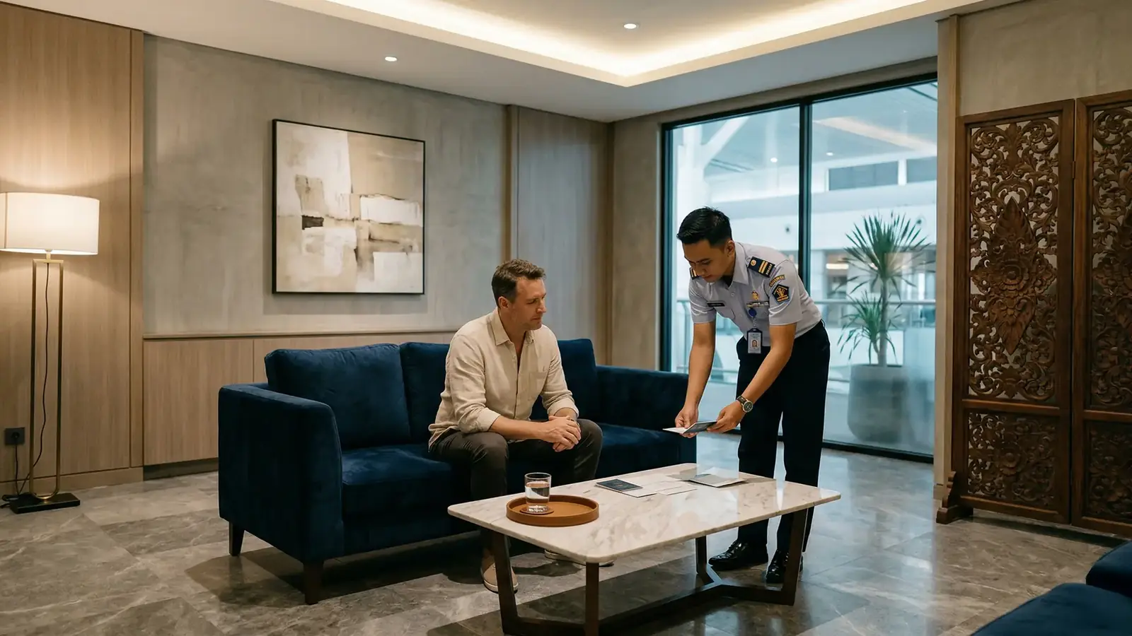 An applicant seated in a private immigration lounge while an officer goes through his paperwork.