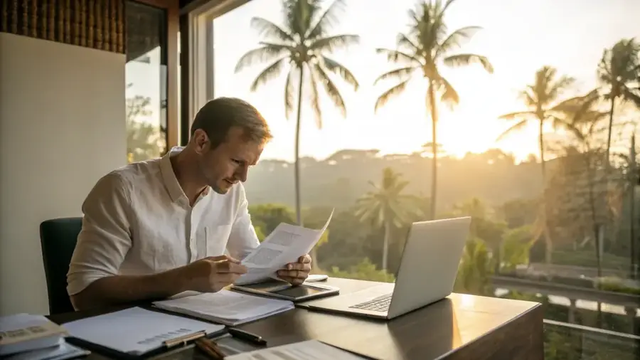 A man reviewing permit documents at a desk beside an open window.