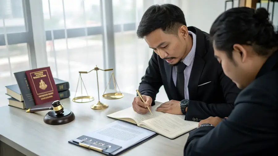 Two advisers preparing legal documents at a desk, a passport and a set of scales beside them.