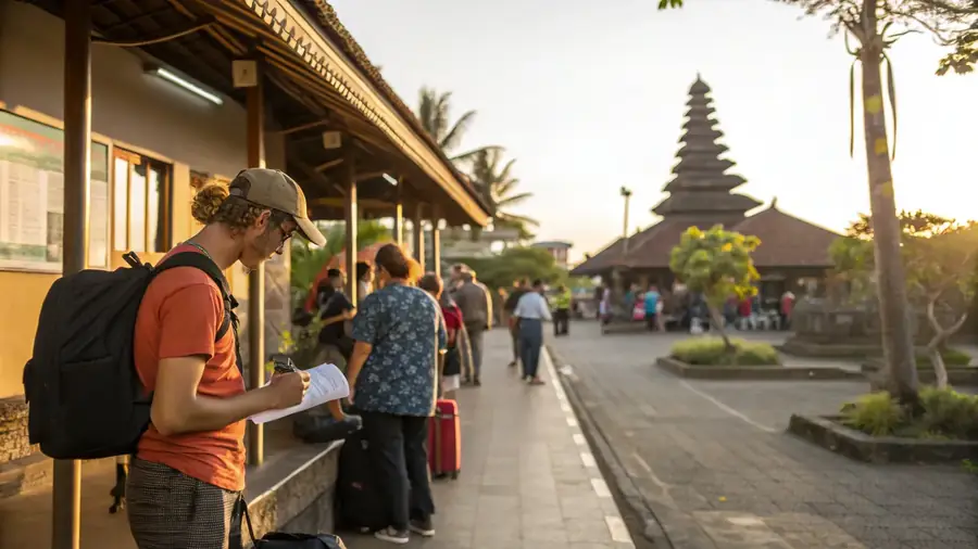 A traveller filling in a form at an open-air counter, a Balinese temple and other applicants behind.