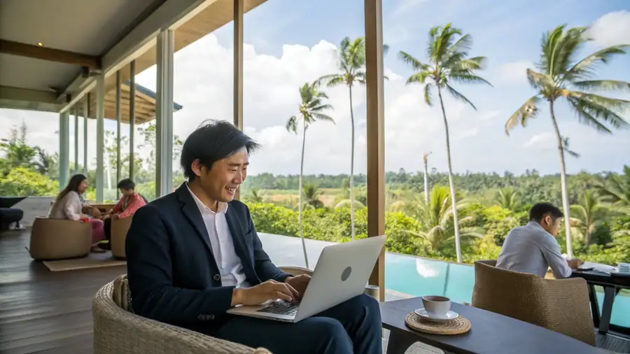 A professional working on a laptop in an open-air Balinese pavilion.