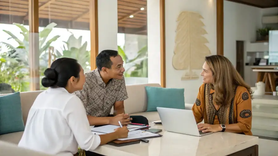 An adviser and a client going through relocation paperwork together.