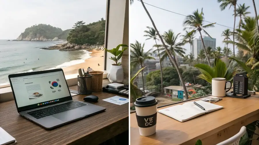 A desk with a laptop and notebook looking out over the coast.