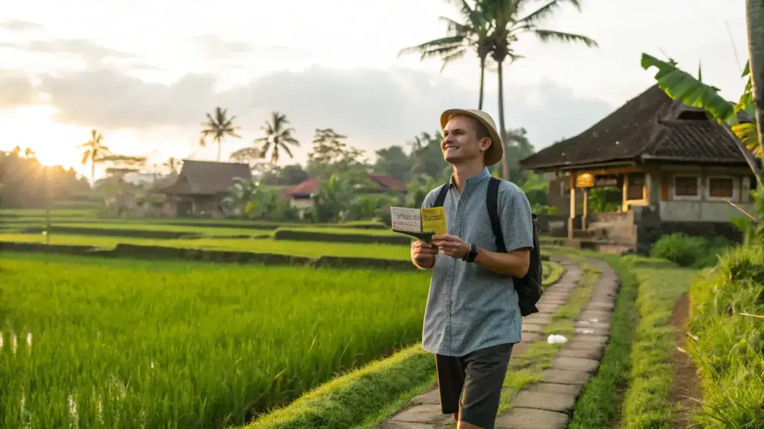 A resident standing on a path between rice fields at sunrise, permit papers in hand, village rooftops behind.